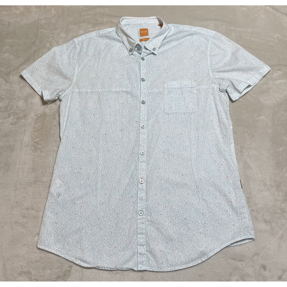 Hugo Boss Top Womens XL Slim Fit White Geometric Short Sleeve Button Down Blouse